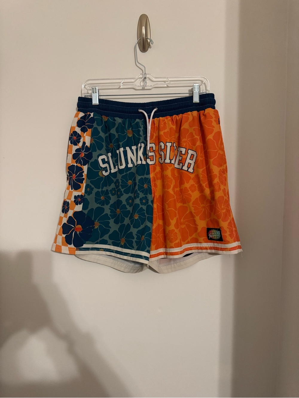 RARE Slunks Men's Sixer Floral Athletic Shorts Orange/Blue Drawstring Pockets